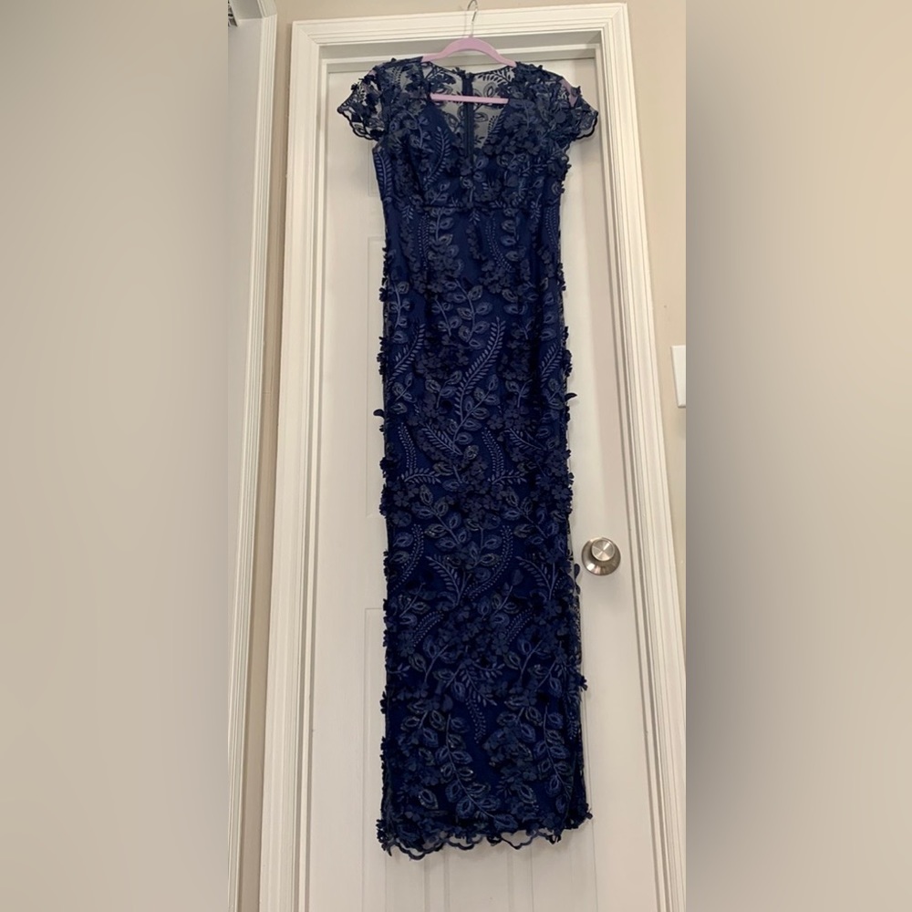 Gorgeous navy blue dress- Size 10. Whispy flowers. Enchanting evening gown.